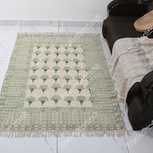 Hand Block Printed Cotton Dhurrie Rug: Aztec Area Rug