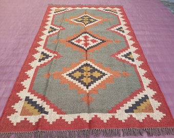 Alfombra Kilim de yute de lana hecha a mano, alfombra verde roja, alfombra navajo, alfombra de sala de estar, alfombra al aire libre, alfombra de cocina, alfombra de dormitorio, alfombra 6x9, 8x10, 9x12