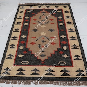 Handwoven Wool Jute Kilim Rug: Traditional Indian Design