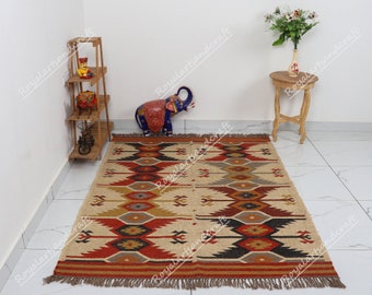 Handwoven Wool Jute Kilim Rug: Bohemian Indian Dhurrie
