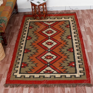 Handwoven Wool Jute Kilim Rug: Traditional Indian Carpet