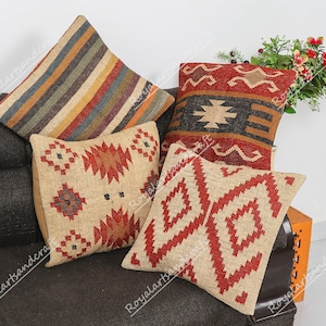 Set of 4 Vintage Kilim Pillow Covers: Handwoven Jute Bohemian Cushion