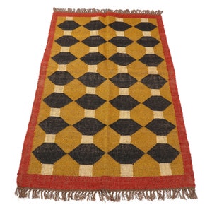 Handmade Wool Jute Rug, Navajo kilim Rug, Black & Gold Rug, Outdoor/ Indoor Rug/ Living Room Rug