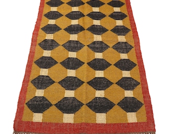 Handmade Wool Jute Rug, Navajo kilim Rug, Black & Gold Rug, Outdoor/ Indoor Rug/ Living Room Rug