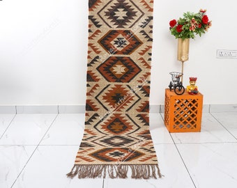 Alfombra Kilim de yute de lana hecha a mano, pasillo ecológico boho tejido a mano, alfombra de corredor de entrada reversible tejida a mano alfombra antigua vintage