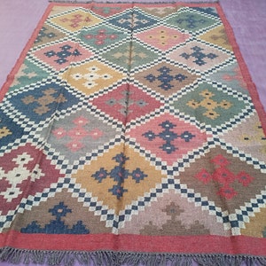 Kilim Rug,Handwoven,Wool Jute Rug Handmade,Kilim Dhurrie Rug,boho rug,Traditional Indian/WOOL JUTE RUGS 4x6,5x8,6x9,8x10,9x12 Ft