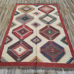 Handwoven Wool Jute Kilim Rug, Wool Jute Rug, Kilim Jute Rug, Flat weave Rug, Bohemian Rug, Indian Rug, Navajo Floor Rug, Custom Rug