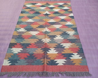 Handwoven Wool Jute Kilim Rug, Traditional Indian Dhurrie, Boho Rug