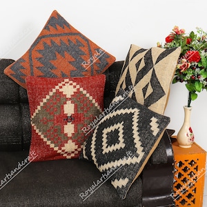 Set of 4 Jute Kilim Pillow Covers: Handwoven Turkish Cushion, 18x18 Inch