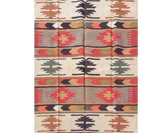 Alfombra Navajo Kilim hecha a mano, alfombra de yute de lana, alfombra azteca, alfombra de acento, decoración Boho, alfombra exterior/alfombra interior, sala de estar/comedor 4X6 PIES