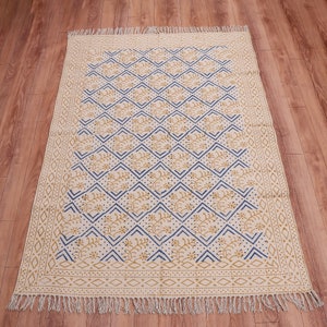 Hand Block Print Rug Dhurrie, Flatweave Cotton Rug Navajo Aztec Rugs for Living Room, Dining Room, Kitchen, Indoor Outdoor, Boho Rug