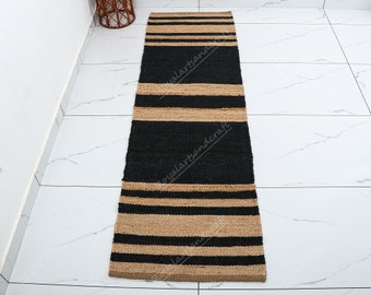 Alfombra de yute a rayas negras hecha a mano: decoración bohemia de estilo rústico para entrada.