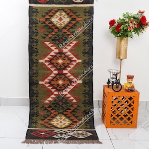 Wool Jute kilim Multi Color Runner Rug,Bedside Runner,Custom Stair Bohemian,Hallway kitchen Living Floor,Vintage Room Gifts,Oriental Runner