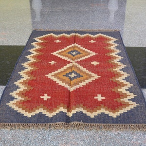 Handmade Wool Jute Rug, Navajo Kilim Rug, Aztec Rug, Accent Rug, Outdoor Rug/Indoor Rug, Living/Dinning Room 3X5 ft Navajo
