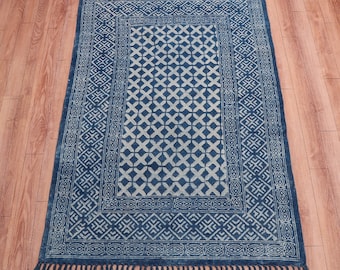 Blue Indigo Hand Woven Cotton Flatweave Kilim Rug, Boho Blue Rug...Custom Sizes 5x8,6x9,8x10,9x12