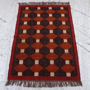 Kilim Rug, Handwoven, Wool and Jute Rug Handmade, Kilim Dhurrie Rug, Traditional Indian Jute Area Rug Red
