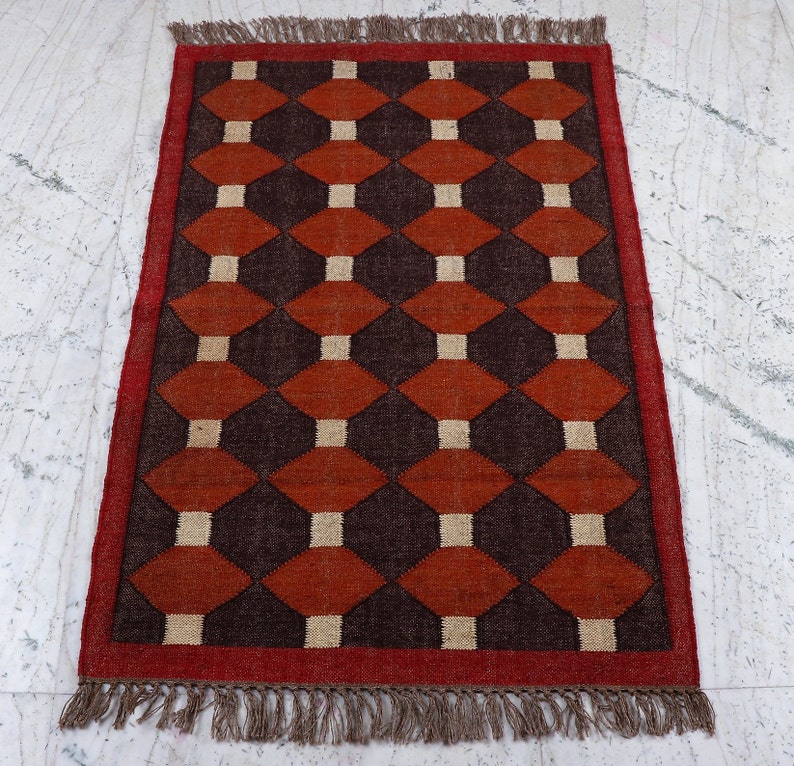 Kilim Rug, Handwoven, Wool and Jute Rug Handmade, Kilim Dhurrie Rug, Traditional Indian Jute Area Rug Red