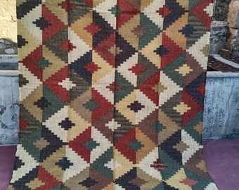 Tapete Kilim de juta e lã tecido à mão: Dhurrie indiano geométrico