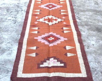 Handwoven Kilim Runner Rug: Wool & Jute Bohemian Stair Decor (2x12 Ft)