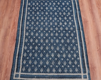 Indian Block Printed Indigo Rug/Handmade Rug/Floor Area Rug/ Cotton Rug/Handmade Rug /Living Room Rugs