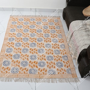 Hand Block Print Cotton Dhurrie Rug: Indian Boho Kilim Style
