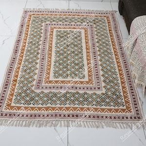 Hand Block Print Cotton Rug, Indian Handwoven Rug, Outdoor, Kitchen Rug, Living Room Rug, Bedroom Rug, Boho Aztec Rug