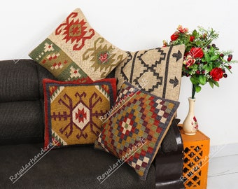 Lot de 4 oreillers en kilim vintage en jute, décoration d'intérieur, oreiller turc tissé à la main, oreiller marocain, coussin décoratif, housse de coussin kilim, oreiller en jute