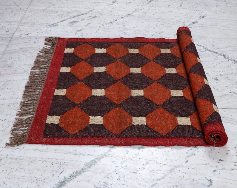 Kilim Rug, Handgeweven, Wol en Jute Rug Handgemaakt, Kilim Dhurrie Rug, Traditionele Indiase Jute Area Rug afbeelding 6