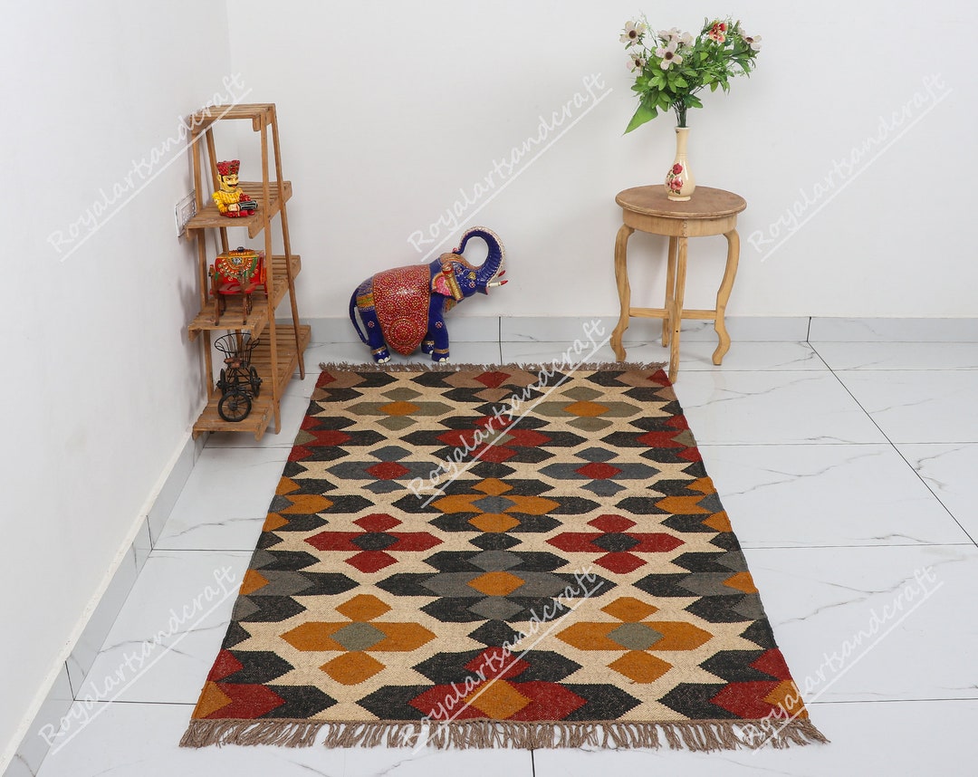 Traditional Indian WOOL JUTE RUGS, 4x6, 5x8, 6x9, 8x10, 9x12 Ft Kilim