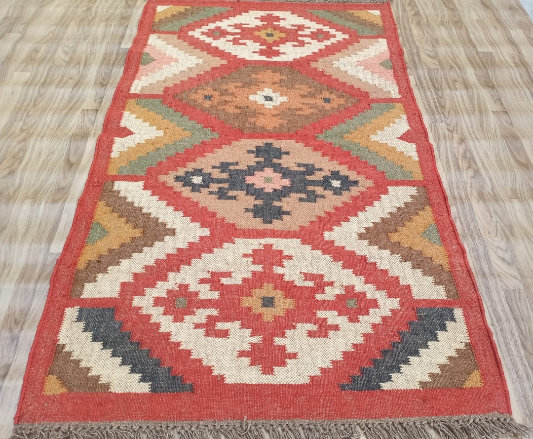 Handmade Wool Jute Rug, Navajo Kilim Rug, Aztec Rug, Accent Rug ...