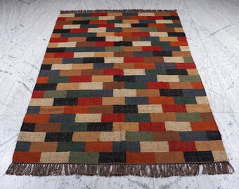 Hand Woven Multicolor Wool Jute Kilim Rug