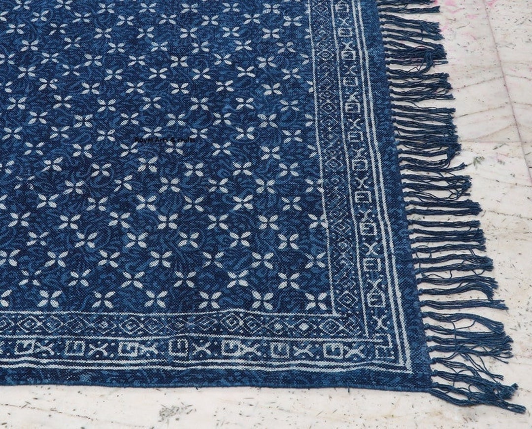 Handblock Indigo Cotton Rug: Geometric Floral Dhurrie - Etsy