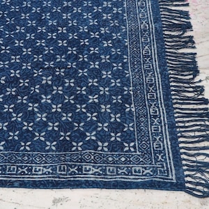 Handblock Indigo Cotton Rug, Block Printed Dhurrie, Handmade Rug, Geometric Floral Pattern, Indigo Throw Rug, Home Décor