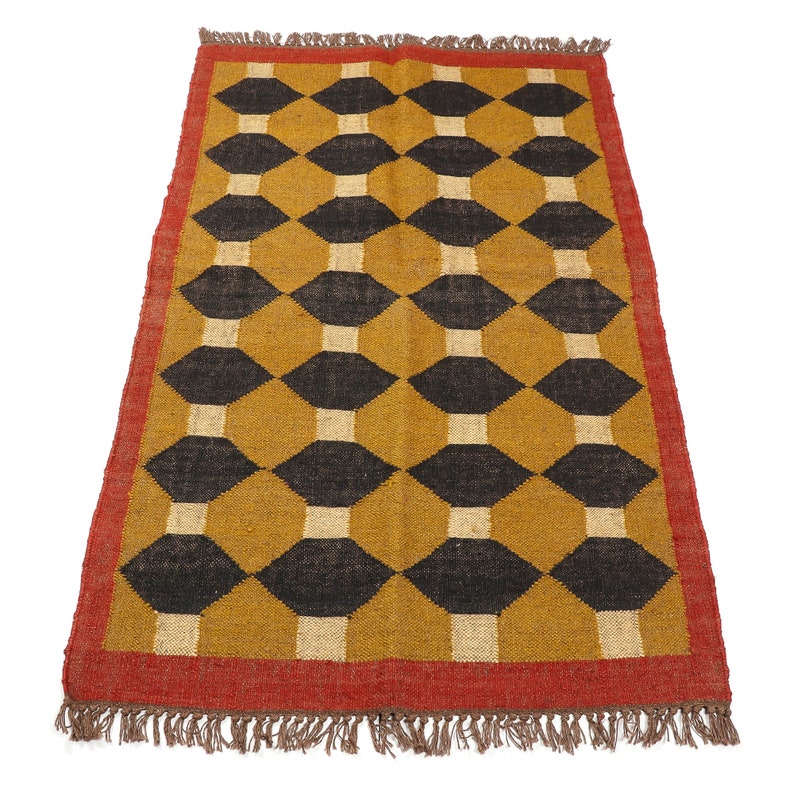 Kilim Rug, Handwoven, Wool and Jute Rug Handmade, Kilim Dhurrie Rug, Traditional Indian Jute Area Rug Golden