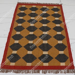 Handwoven Wool Jute Kilim Rug: Bohemian Dhurrie Rug
