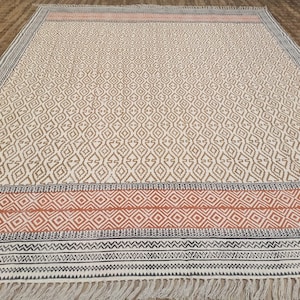 Hand Block Printed Cotton Dhurrie Rug: Aztec Area Rug