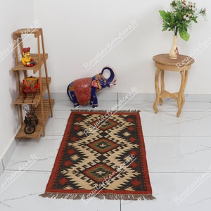 Handmade Navajo Kilim Rug, Aztec Rug, Accent Rug, Outdoor Rug/Indoor Rug, Living/Dinning Room 4X6 Ft. Wool Jute Kilim Rug, Indian DhurrieRug