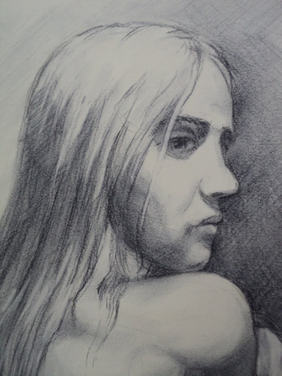 Dessin Original Crayon Sur Papier Blanc Femme Fille 177 X 236 Pouces Art Grand Format Académique Modèle Nu