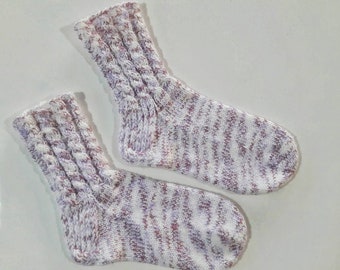 Hand knit pink white women socks, cable knit socks, women knit socks, warm socks, bed socks, slipper socks.