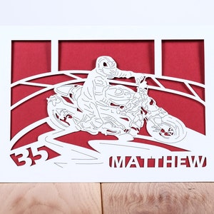 Motorbike Rider Personalised Birthday Card, Name and age laser cut card