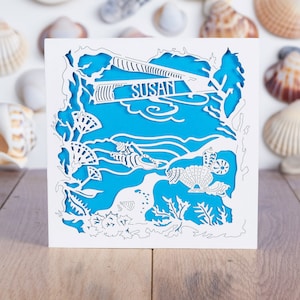 Coquillages - Carte d'anniversaire personnalisée avec nom de plage, carte découpée au laser