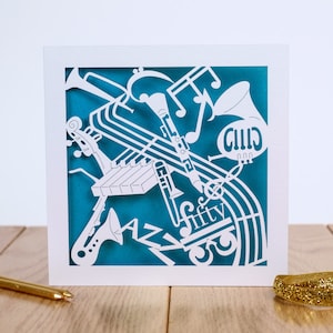 Heure du jazz, carte des 50 ans, carte des amateurs de jazz, carte d'âge personnalisée, carte découpée au laser