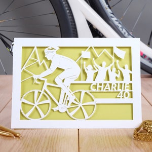 Carte d'anniversaire cycliste personnalisée coureur cycliste, âge et nom, carte découpée au laser, carte découpée en papier, 16e 21e 40e 60e