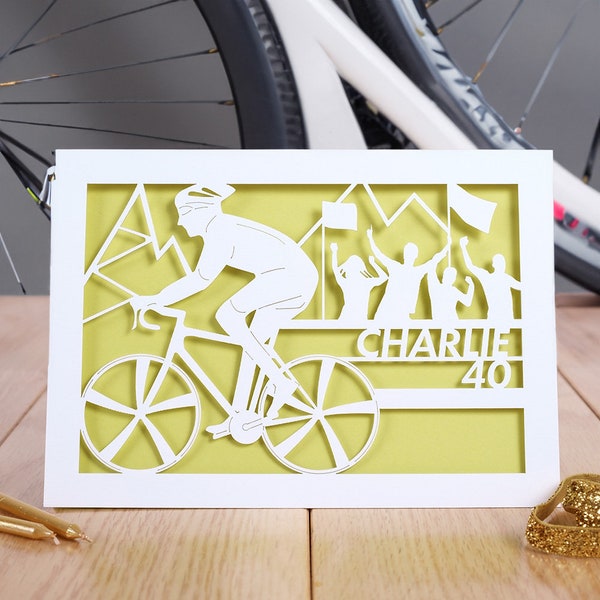 Bicycle Racer Personalised Cycling Birthday Card, Age and name, Laser Cut Card, Paper Cut Card, 16th 21st 40th 60th