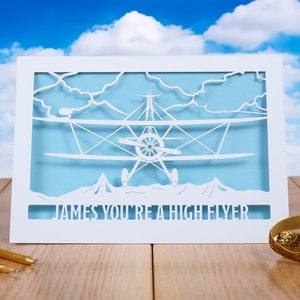 Avion qui vole haut, carte d'anniversaire personnalisée, carte de nouvel emploi, carte de félicitations