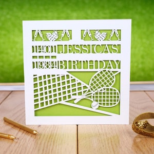 Anyone for Tennis? Personalised Age Birthday card, Personalised Name Birthday card, Laser Cut Card