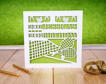 Anyone for Tennis? Personalised Age Birthday card, Personalised Name Birthday card, Laser Cut Card