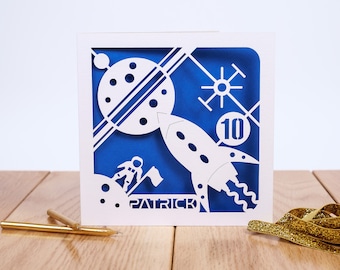 Space Laser Cut Greetings Card - Personalised Age and Name - Space Birthday Card