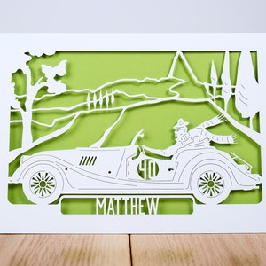 Carte d'anniversaire personnalisée voiture vintage, carte découpée au laser, tout âge, tout nom, 5e 10e 18e 21e 40e 50e 60e 70e