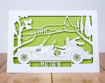 SPORTS CAR PERSONALISED INSIDE OUTSIDE HANDMADE CARD BIRTHDAY ANNIVERSARY OPEN